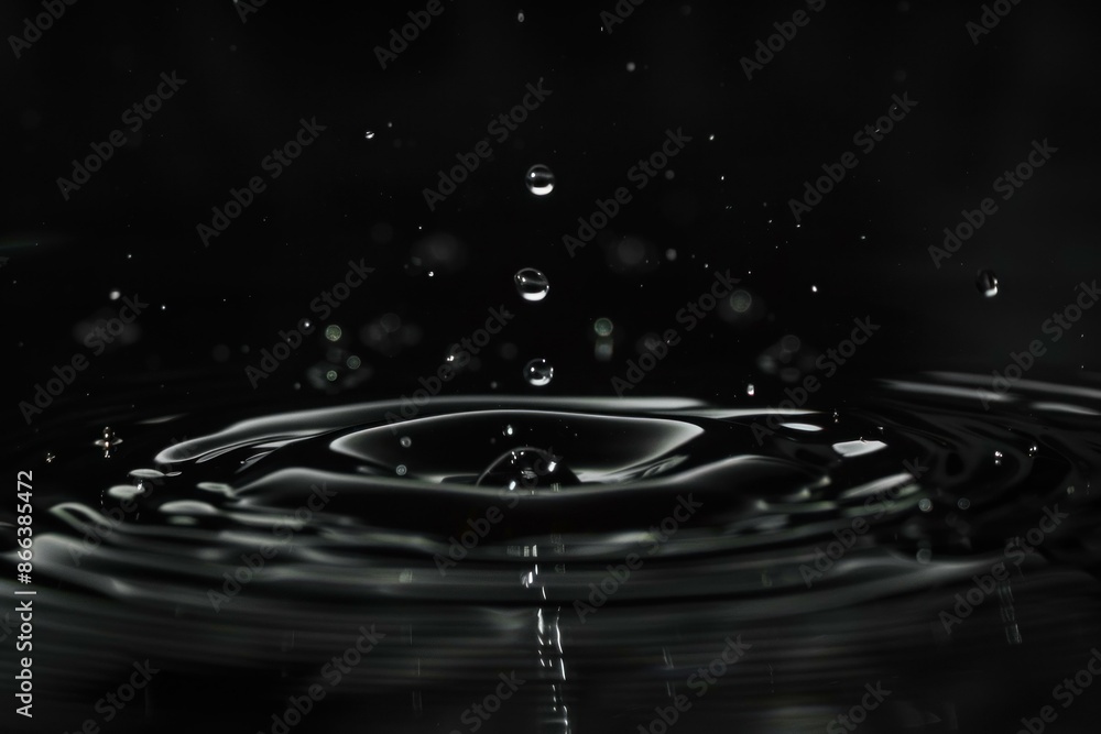 Poster highspeed capture of pristine water droplets creating ripples against a dark, reflective background