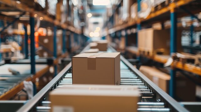 Packages on the production line in a warehouse.