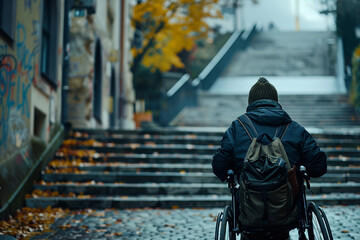 Lifestyle of disabled person on wheelchair in city AI generated photo