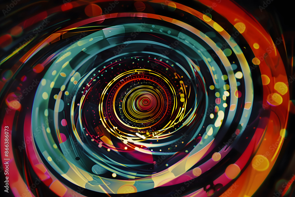 Poster artistic depiction of multicolored circles forming a spiral pattern on a black background, emphasizi