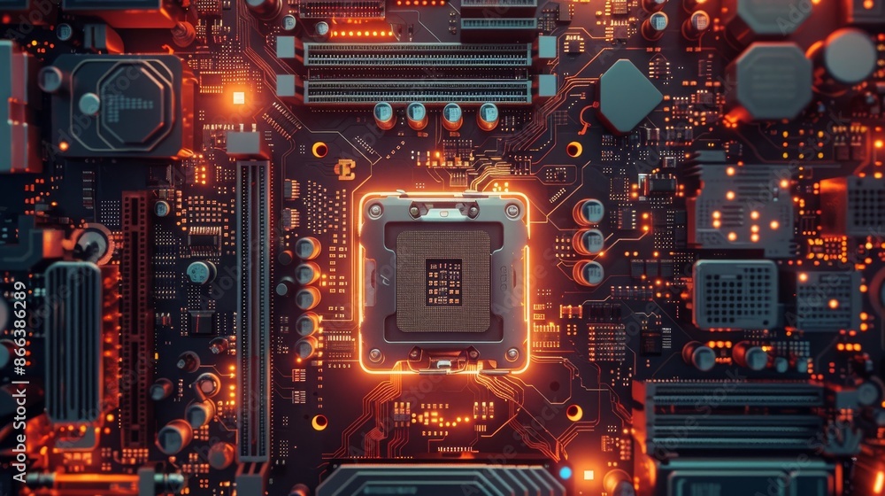 Poster close-up of a computer motherboard with glowing circuits