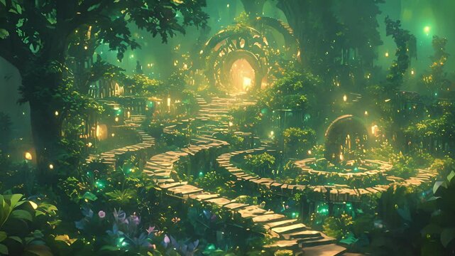 A towering hedge of emerald leaves shelters a mysterious maze its winding paths made from sparkling pebbles and lined with fairy lights that le in the darkness.