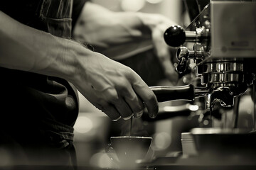 Naklejka premium Modern classic interior coffee shop with friendly barista tasty takeout drink, Generative AI