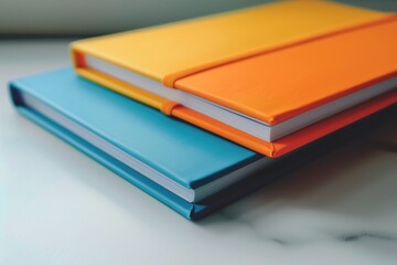 A pile of colorful textbooks lying on the table against bue wall copyspace background