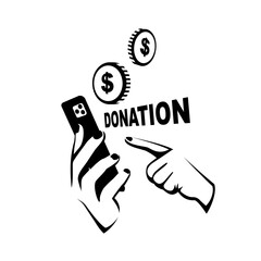 Donate money with a mobile phone. Online payment with smartphone. Charity, donation. Vector illustration flat design. Isolated on white background.