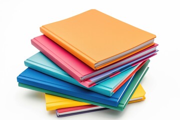 A pile of colorful textbooks lying on the table on white background