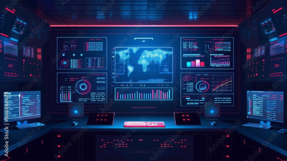 Poster cybersecurity control room with world map and monitors