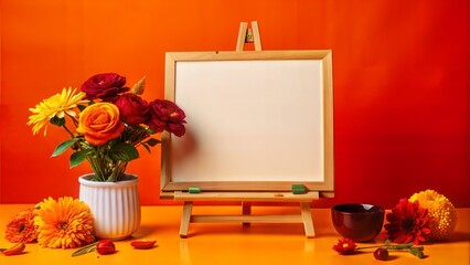 empty easel with blank frame on canvas with flowers