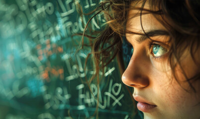 Teenager Studying Scientific Math Formulas on Blackboard