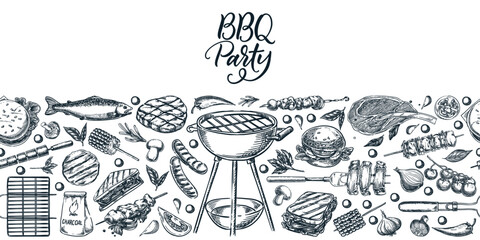 BBQ party picnic meal menu seamless horizontal background. Vector hand drawn sketch illustration of grilled food and snacks. Banner, poster, label package design elements
