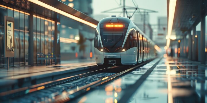 Photorealistic scene of modern train with shallow depth of field.