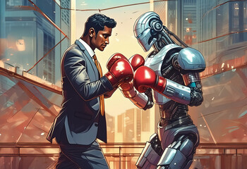 Businessman in a boxing match against an AI robot - representing workplace conflict, human vs technology, futuristic competition, tension - determination and resilience.