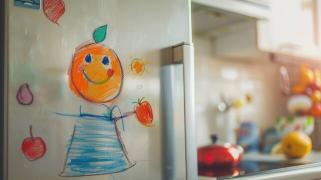 Child's colorful fruit drawing on white refrigerator door in cozy kitchen - Powered by Adobe