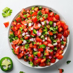 Pico de gallo with diced tomatoes, onions, jalape&ntilde;os, cilantro, lime juice, and salt, white background, side and top view, food