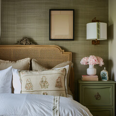 A bedroom with grass green wallpaper, a white linen bed and headboard made of rattan weaving material, beige pillows on the top edge, a nightstand next to it holding pink flowers in an elegant vase.