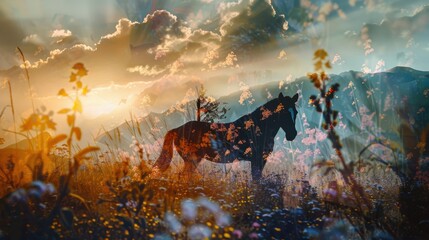 Fototapeta premium mountain meadow with wildflowers close up, focus on, copy space, rich earthy hues, Double exposure silhouette with Dragon resting