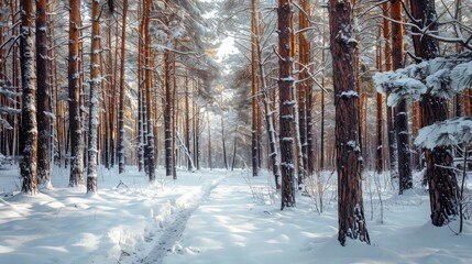 Fototapeta premium Pine trees in the forest covered with snow.