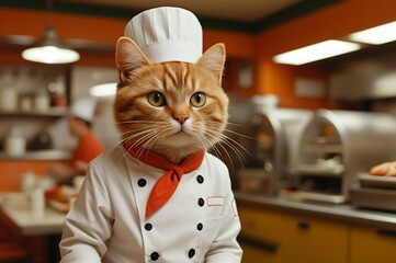 Funny chef cat in a white special uniform on blurred kitchen of the restaurant. Serious owner fastfood cafe takes an order or scolds employees. Anthropomorphic cat, humanization concept.