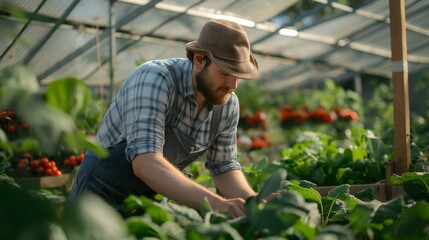 A young man, a male farmer or gardener in a greenhouse, garden, planting or inspecting fresh organic plants, vegetables. Concept of gardening, agriculture, nature, horticulture, greenery.