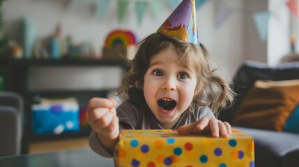 Portrait of a sweet little girl, a joyful, happy young child, with an excited expression on her face, opening a birthday gift,  box with a surprise or present at party, celebration.