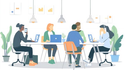 illustration of a group of employees, colleagues, freelancers or meeting of workers, sitting in an office at a table, working on laptops and phones, performing online tasks programmers, business.