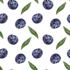 Blueberries seamless pattern. Berries and leaves. Watercolor illustration isolated on white. For food and cosmetic labels, textiles, packaging paper.