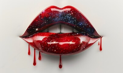 glossy Red lips with dripping, galaxy effect, white background, shiny, metallic