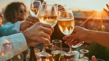 Close-up of the hands of a group of friends, young people raising glasses, toasting with drinks, wine, at a restaurant or bar on a terrace during sunset, celebrating, outdoor fun. - Powered by Adobe