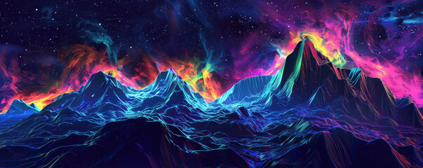 Nighttime black mountains with a holographic starry sky, modern art style, bright neon color, digital painting, vibrant and eye-catching.