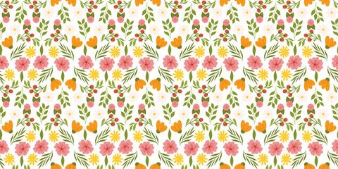Continuous design pattern with floral elements. Botanical-inspired recurring fabric or wallpaper design with yellow and orange flowers, red berries, leaves, and cherry blossom.