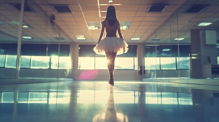 A view from behind of a young woman, a beautiful ballerina in an elegant ballet dress practicing choreography in a dance studio, female person training and dancing. Concept of art, gracefulness.