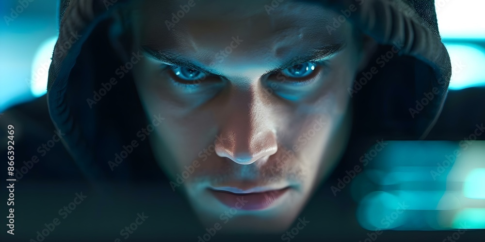 Poster a hacker in a black hood intently working on a laptop. concept cybersecurity, hacking, data breach, 