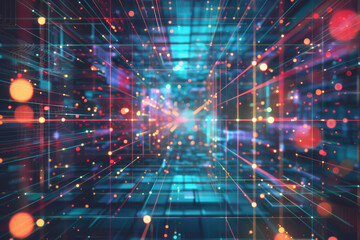 horizontal colourful glowing illustration of a futuristic cybernetic abstract background with a network of lines and dots