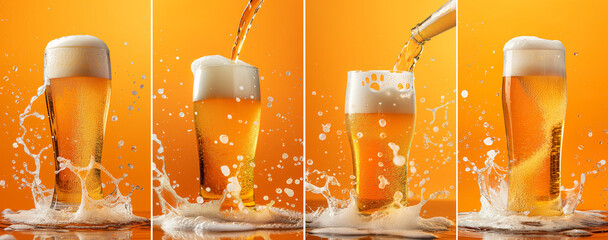 glass of lager beer with foam, collection of draft beer on a yellow background, beer splashes