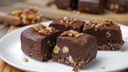 Decadent Chocolate Fudge with Nuts on White Plate - Perfect Dessert Delight
