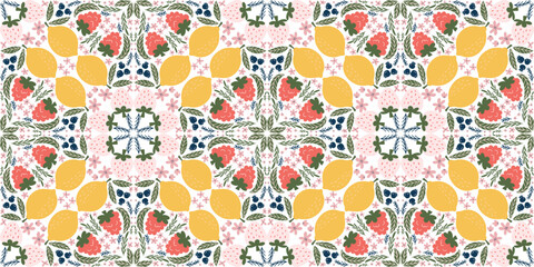 Whimsical seamless pattern featuring illustrations of raspberries, lemons, white strawberries, blackberries, pink flowers, and green leaves, arranged in a diamond-shaped design. Modern, organic vector