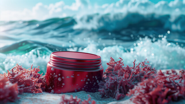 Vibrant Red Algae Extract in Modern Red Packaging Against Ocean Waves and Coral Reef