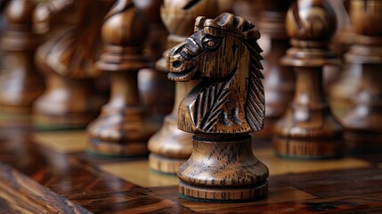 Fototapeta premium Intricately carved wooden chess pieces on a chessboard, featuring a detailed knight in focus, capturing the essence of a classic board game.