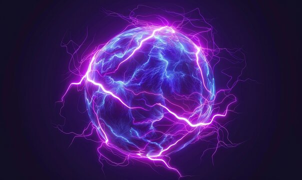 Vibrant electric ball with purple and blue energy streaks, glowing against a dark background, creating a dynamic and futuristic visual effect.
