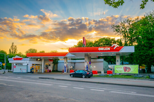 Ustka, Poland - 26.06.2024 - Orlen petrol station at sunset in Ustka