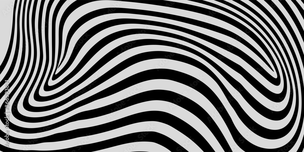 Poster psychedelic optical illusion. abstract vector distorted background with black and white lines. op ar