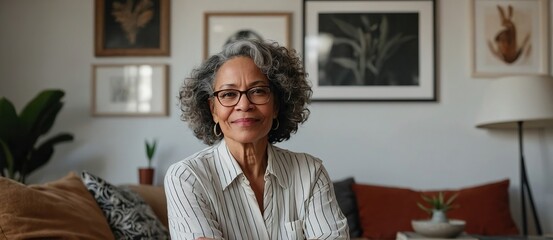 A mature biracial woman enjoys a peaceful moment at home, with copy space