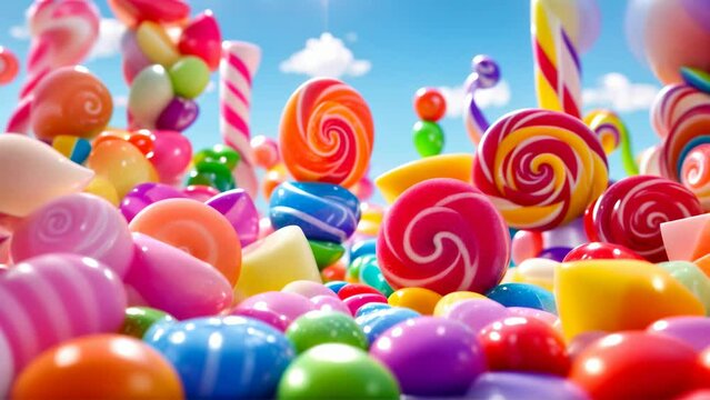  A Colorful Candy Wonderland: Lollipops, Gummy Candies, and Sweets of All Shapes and Sizes Create a Festive Celebration Backdrop.