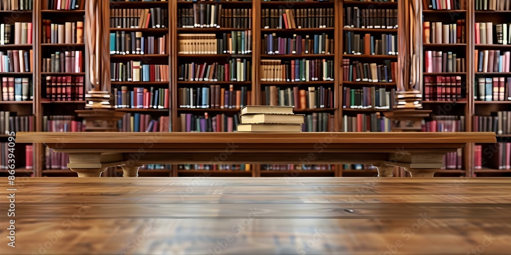 Poster bookshelf in the background with a stack of books on a wooden desk in a library. concept library set