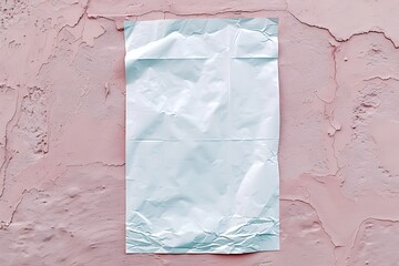 Wheat-pasted poster on a blush textured wall, white wrinkled canvas, ideal for street art.