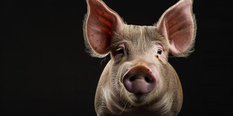 Fototapeta premium Portrait of a happy pig, photo studio set up with key light, isolated with black background and copy space.
