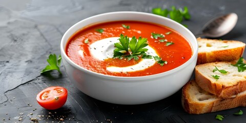Creamy Tomato Soup with Parsley Sour Cream and Toasted Bread. Concept Creamy Tomato Soup, Parsley Sour Cream, Toasted Bread, Comfort Food, Cozy Meal