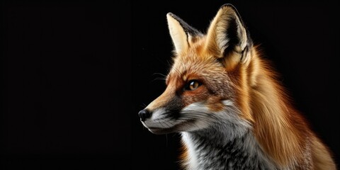  Portrait of a red fox, photo studio set up with key light, isolated with black background and copy space.