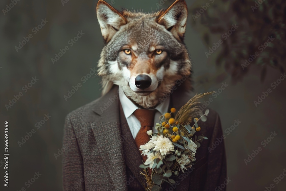 Wall mural Portrait of a wolf in a suit with flowers.