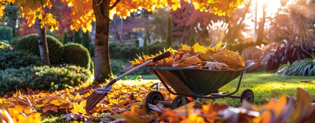 Autumn Leaves in a Wheelbarrow and a Broom on a Sunny Day